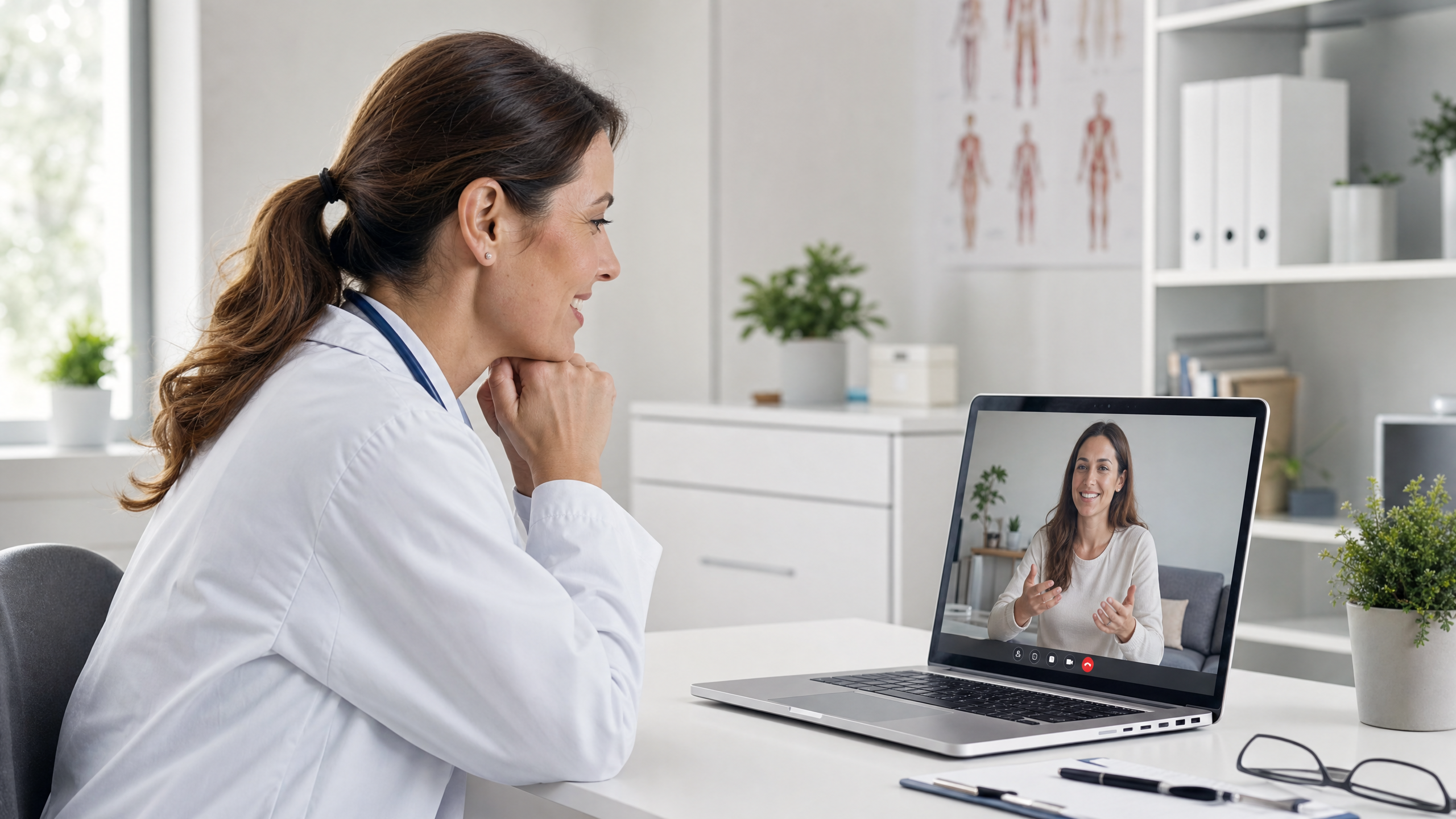 Médica conduzindo atendimento online por telemedicina